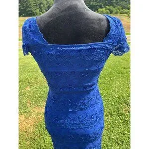 MARINA | Dresses | Marina Womens Cocktail Designer Dress Blue Lace Beaded  Cap Sleeve Sz 4 Formal | Poshmark